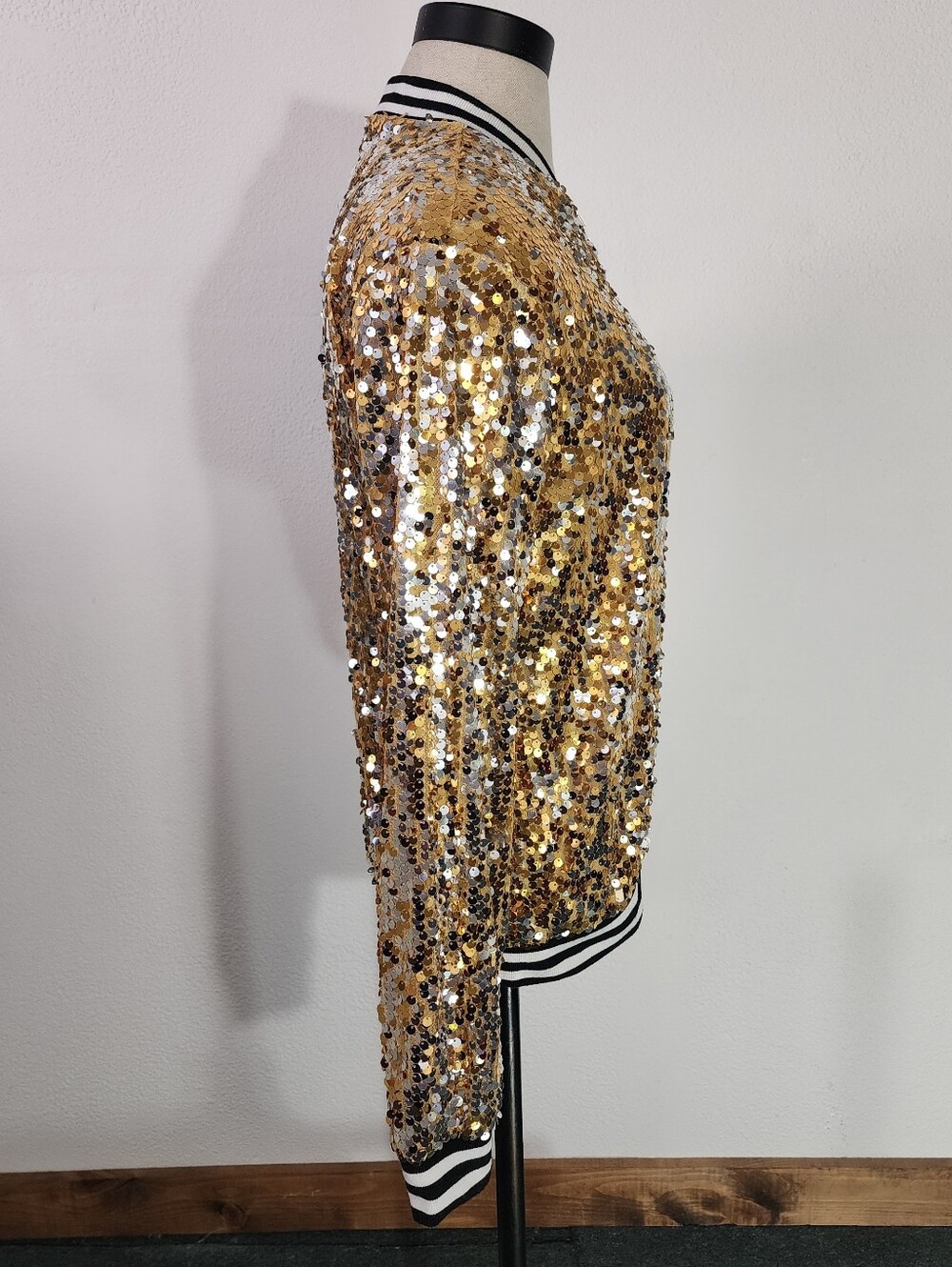 Anna-Kaci Jacket Gold Sequin Bomber Style Sparling Gold Size S - Picture 9 of 17
